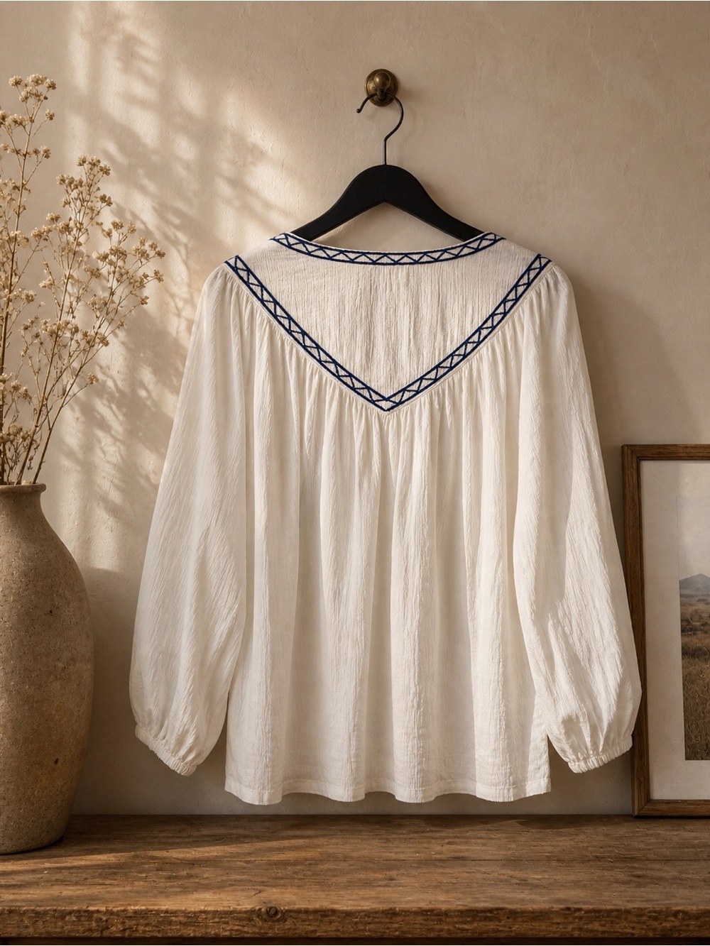 Velvet by graham & spencer Embroidered V-Neck Peasant Blouse - white-with Navy - Picture 3 of 5